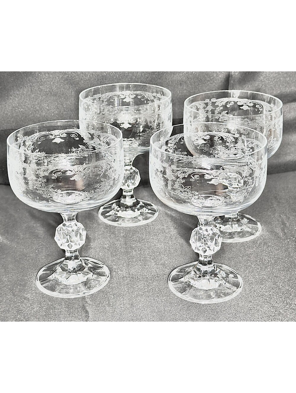 4 Vintage Bohemia  Crystalex Etched Champagne glasses  Queens Lace
